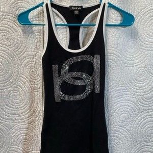 bebe Women's Racerback Sleeveless Rhinestone Embellished Tank Top Black Size S